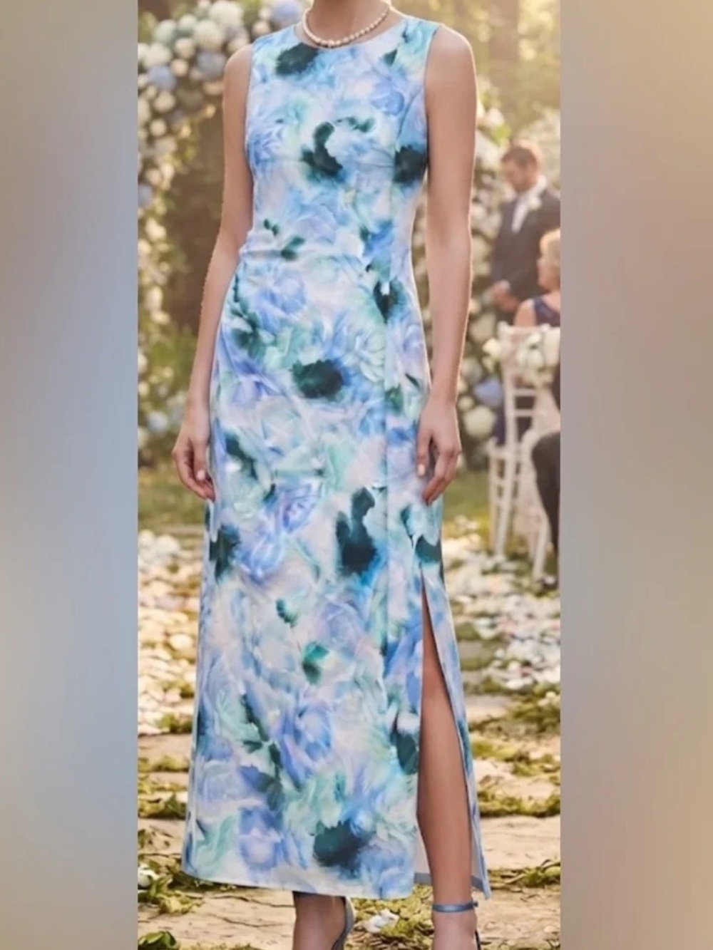 Joie Blue and Green Watercolor Floral Maxi Dress with Side Slit